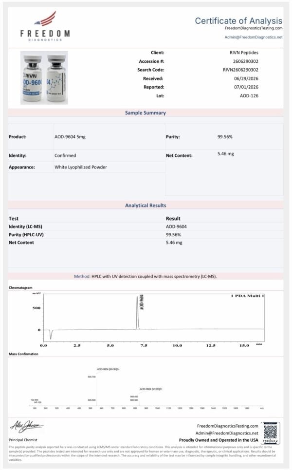 Certificate of Analysis for Rivn Peptides AOD-9604 5MG supplement.